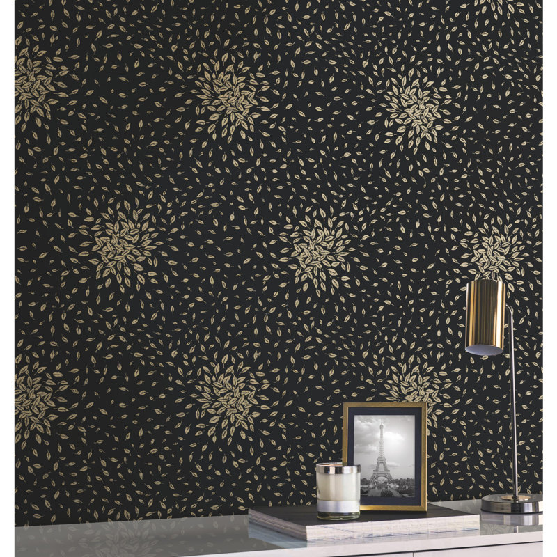 Petite Leaves Floral Metallic Wallpaper Roll, Black/Gold