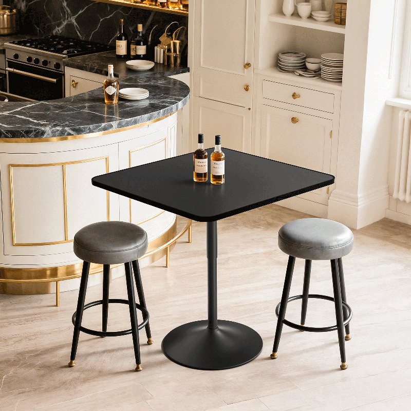Bistro Pub Table Square Adjustable Height Cocktail Bar Table with Metal Base and Wooden Table Top, Black, 31.5" W x 31.5" L