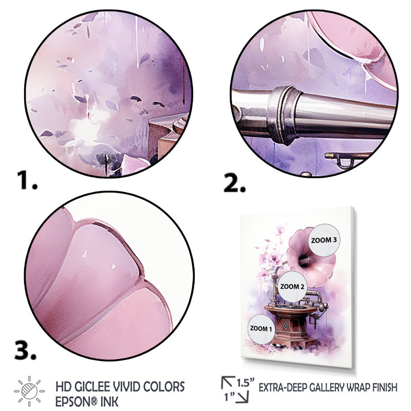 Floral Phonograph Purple Mussic - Phonographs, art mural, Cadre flottant noir, H 32 po x l 24 po x P 1 po