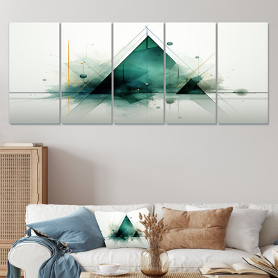 «Green Abstract Echoes Of Piramid V», art mural géométrique abstrait 5 pièces pour le salon
