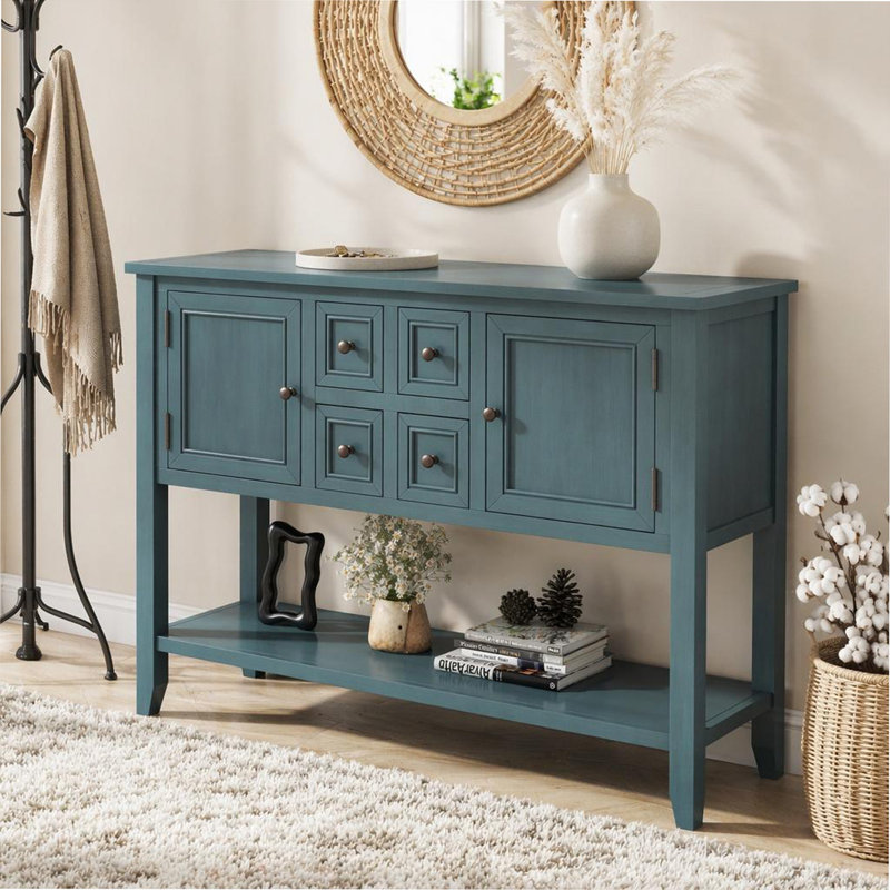 Grande console de rangement vintage avec quatre petits tiroirs et une tablette inférieure pour les salons, les entrées et les cuisines (bleu foncé)