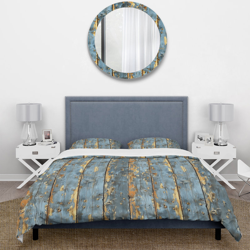 Ensemble de housse de couette Farmhouse, Housse de couette très grand + 2 taies décorativ, Blue/Gold Barn Wood II