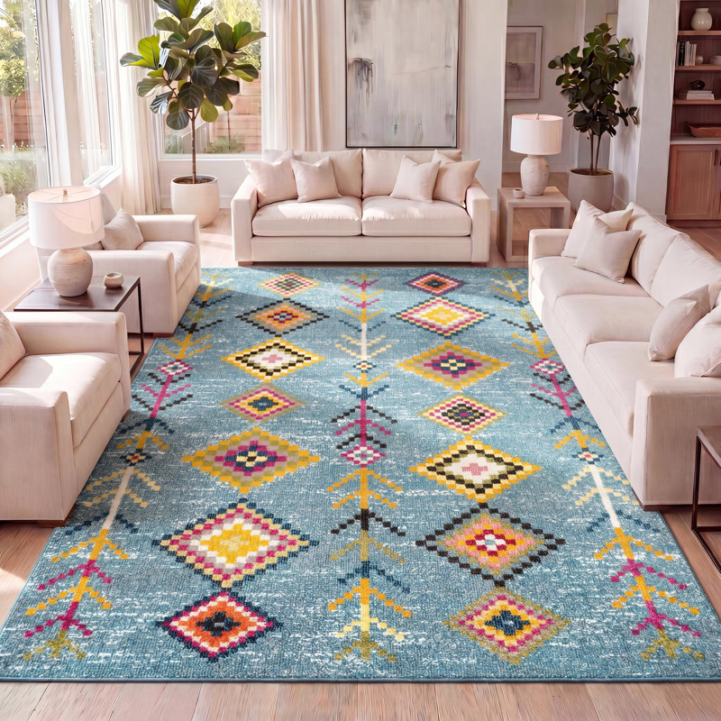 Tapis bleu clair / multicolore Bosswick, Rectangle 7 pi 9 po x 10 pi