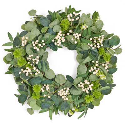 24" Spring Wreath for Front Door, Artificial Eucalyptus Leaf Wreath with White Berries, Natural Farmhouse Home Décor