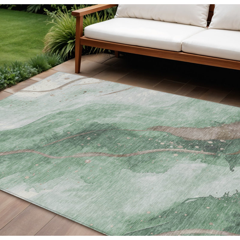 Tapis extérieur lavable abstrait vert et taupe 10 pi x 14 pi