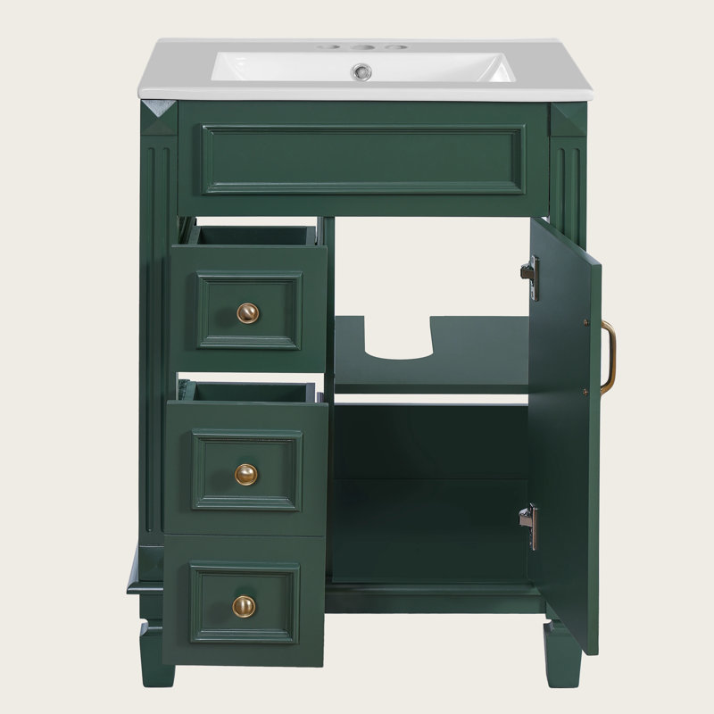 Meuble-lavabo moderne 24 po avec lavabo en céramique, 2 tiroirs, tablette réglable, Vert/doré