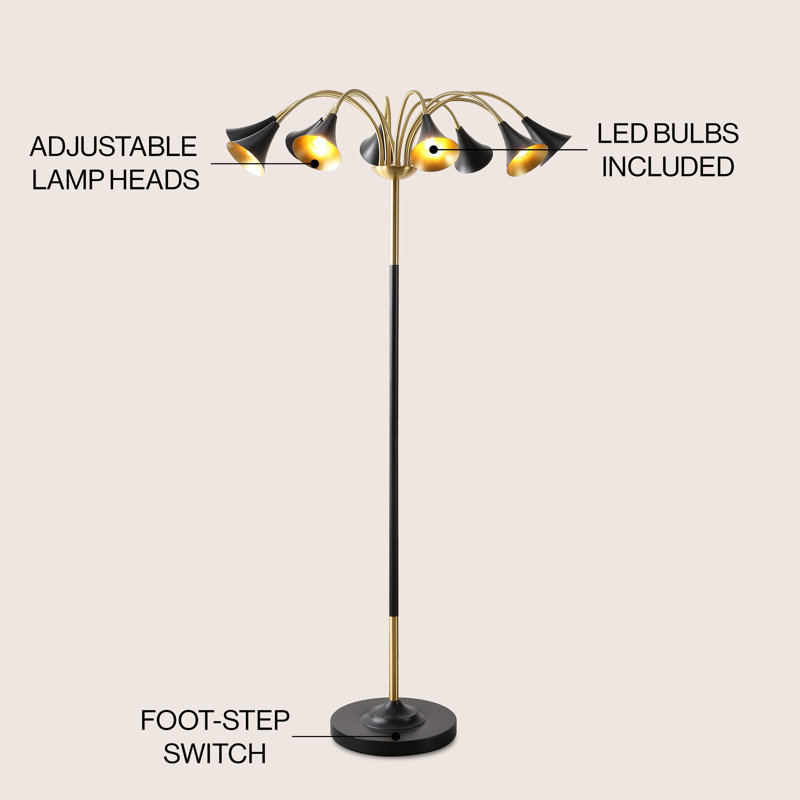 Arbonne 61" 10-Light Mid-Century Modern Iron Medusa Multi Head LED Floor Lamp, Black