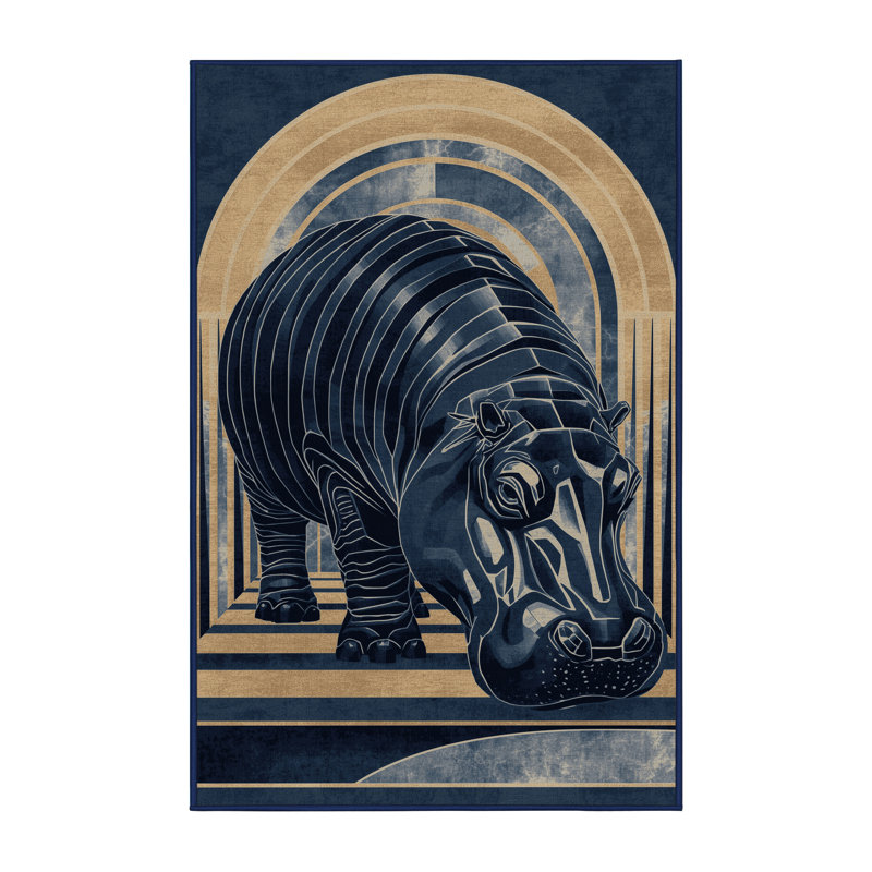 Tapis art déco lavable à la machine Pavli Hippopotamus, 5 X 8