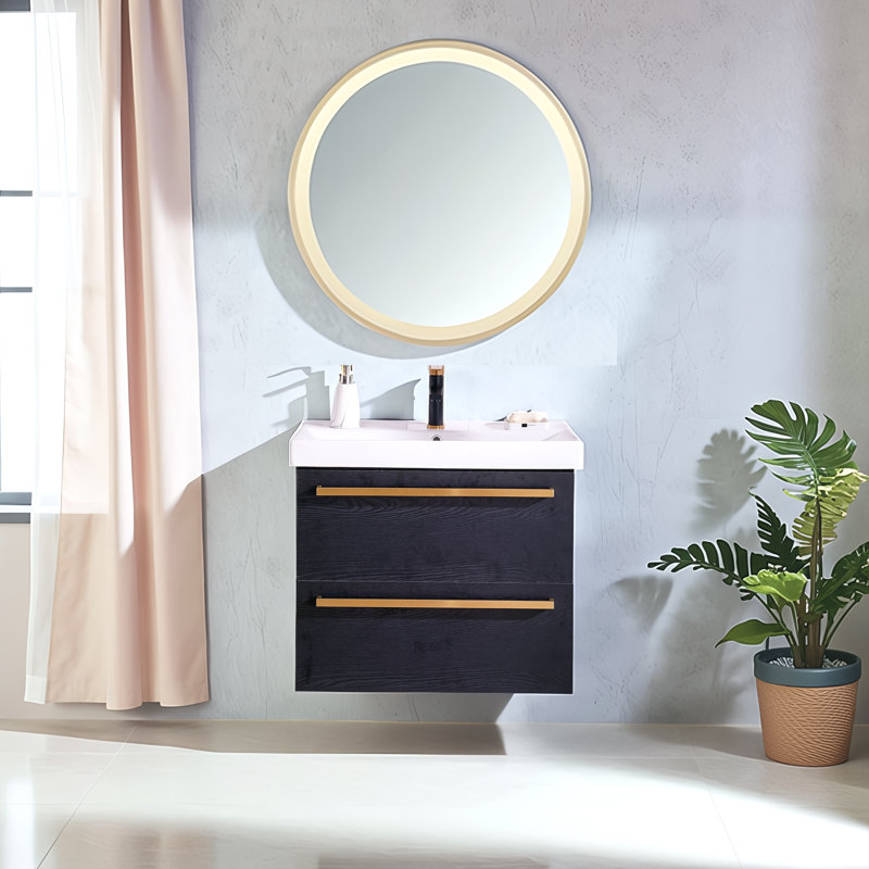 30" Modern Wall-Mounted Single Bathroom Vanity With 2-Drawers, Black, Gold