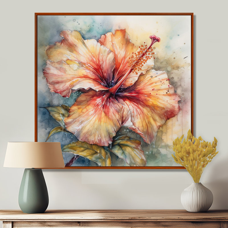 Hibiscus Euphoria II gris orange de Rrahim - art mural hibiscus, H 24 po x l 24 po, Cadre flottant brun