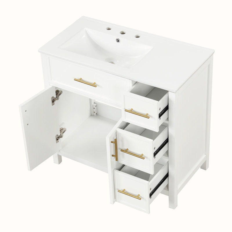 Meuble-lavabo avec lavabo et armoire avec tiroirs, Blanc cassé / blanc