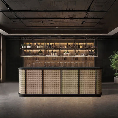 94.48-Inch Vintage Bar Counter Front Desk with Single Countertop, Wine Storage, and Lockable Drawers by KPXU Bar Counter
