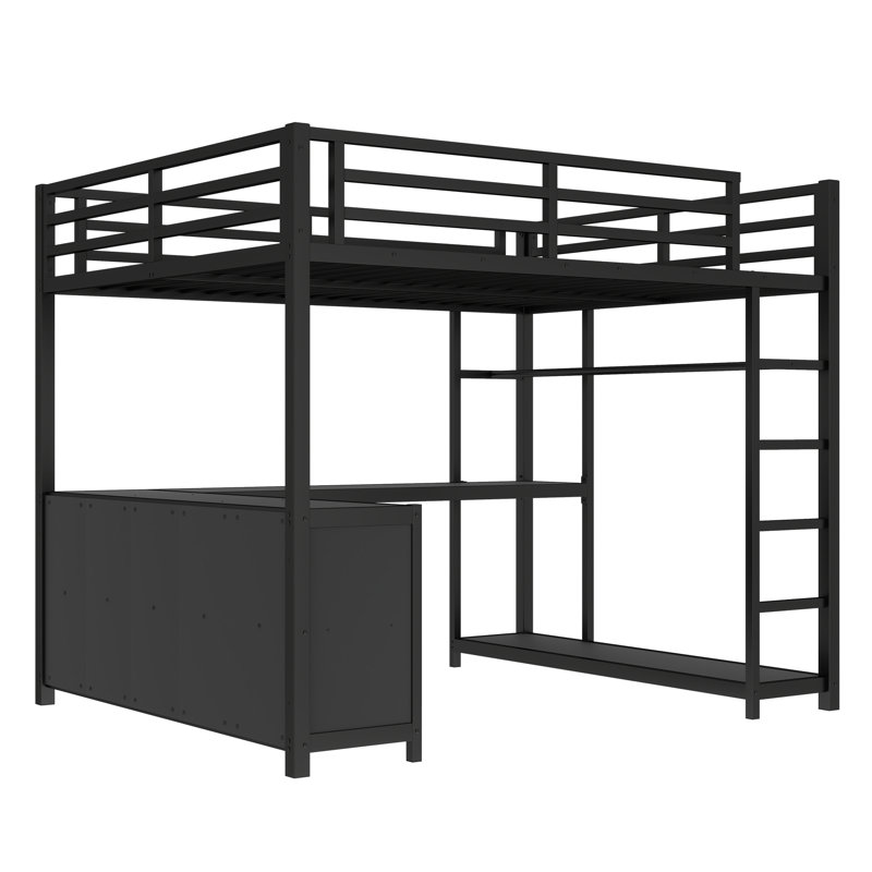 Lit mezzanine spacieux en métal de style moderne pour les adolescents et les adultes, peu encombrant, finition noire