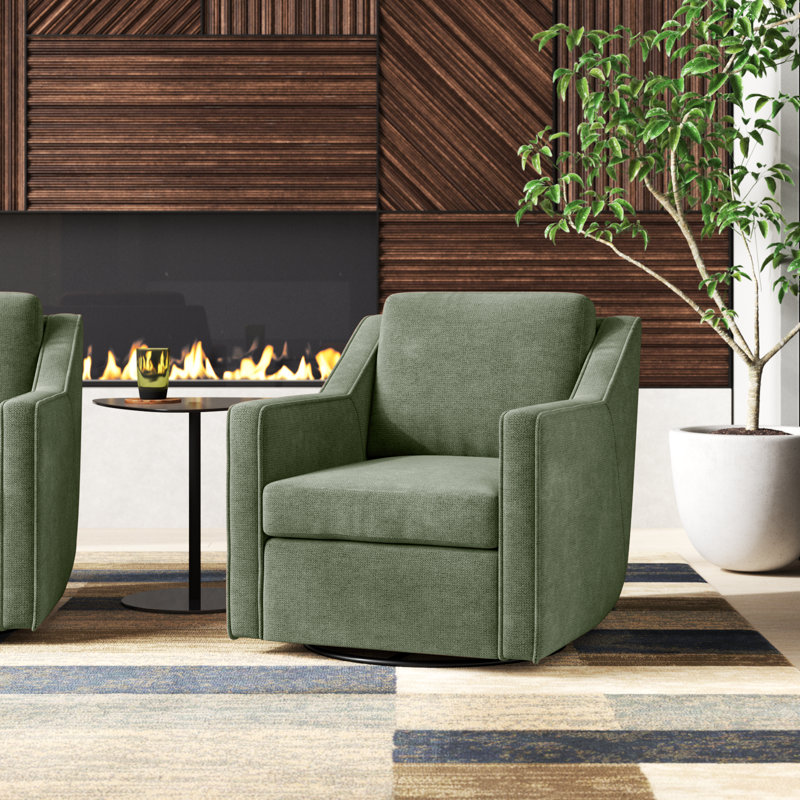 Bronnen Big And Wide Upholstered Cushion Swivel Armchair with Removable Back Cushion, Green Polyester