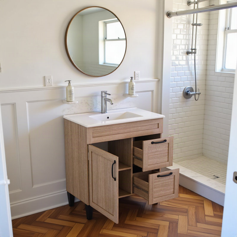 Meuble-lavabo de salle de bain de 80 cm (31,5 pouces) avec lavabo en céramique, 1 porte et 2 tiroirs, naturel