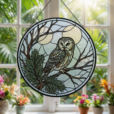 Owl Branch Stained Glass Window Panel，12"H