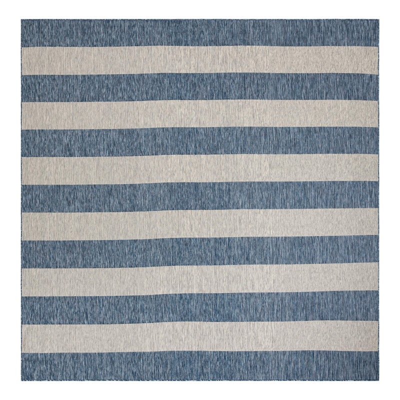 Tapis rayé bleu / gris intérieur / extérieur Simoes, Carré 6 pi 1 po