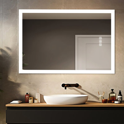 Miroir de salle de bain à DEL 48 po x 36 po, désembuage 5 minutes, 3 couleurs réglables, pleine réflexion HD, fixation murale rapide, réglable et réfléchissante