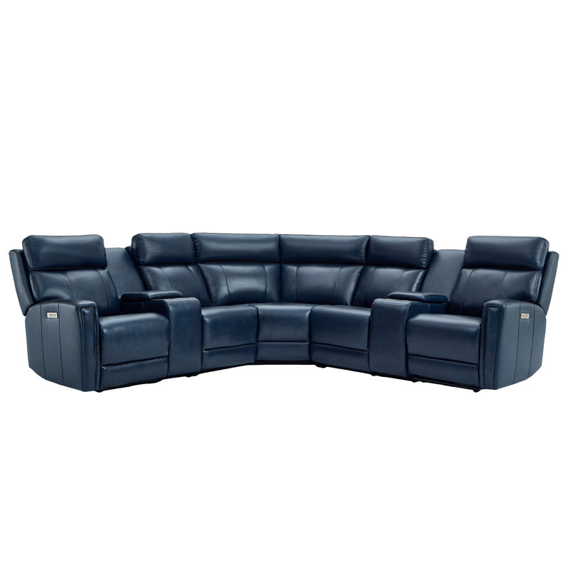 6-Piece, 2 Power recliners Leather Reclining Sectional, Power headrest  , Navy Blue Genuine Leather, Power - Dial