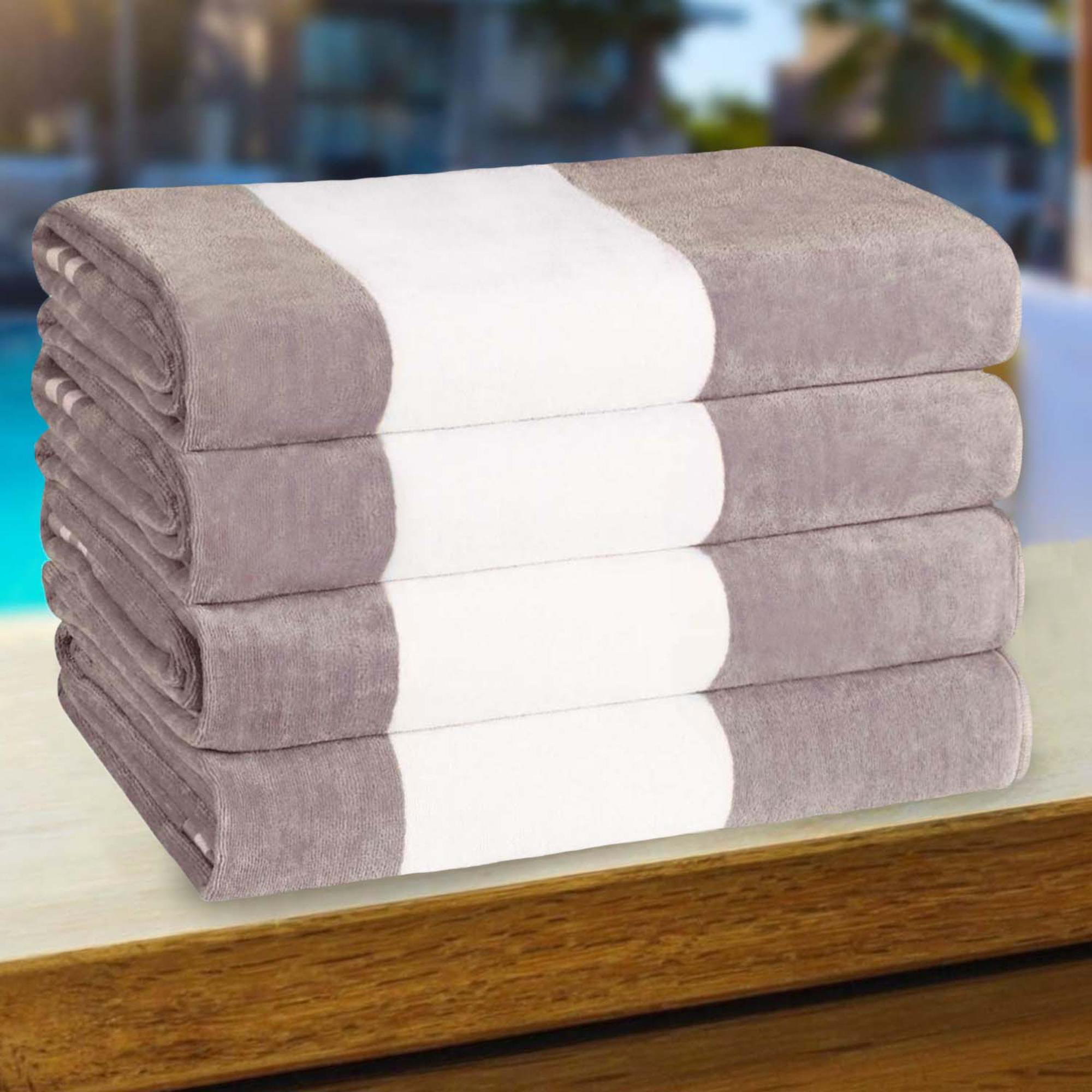 Calheta Cotton Oversized Cabana Stripe Beach Towels, Light Gray, 4