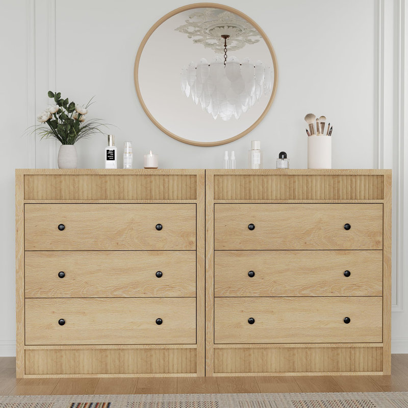 Commode 3 tiroirs cannelée en bois, armoire de rangement moderne pour table de chevet de 31,5 po de largeur, Naturel
