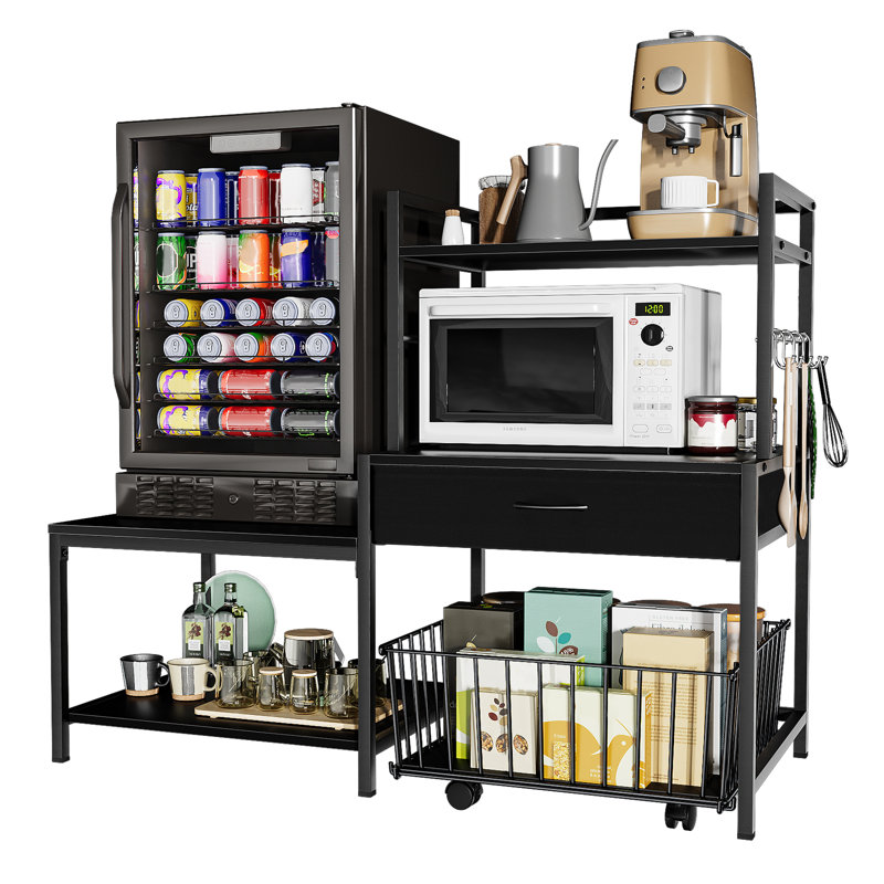 Mini Fridge Stand With Movable Storage Basket, Mini Refrigerator Stand With Shelves, Heavy Duty Wine Fridge Table With Power Plug For Dorm Home Use (Black)