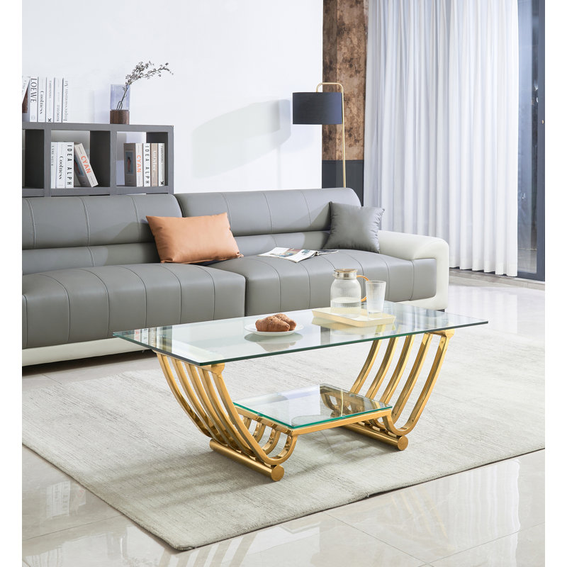Table basse rectangulaire moderne en acier inoxydable, table basse en verre trempé transparent double couche, table centrale avec rangement, pour le bureau à domicile, assemblage facile