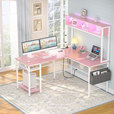 Bureau en L Manorma avec prises de courant et lumières DEL, bureau de jeu avec huche et support pour écran