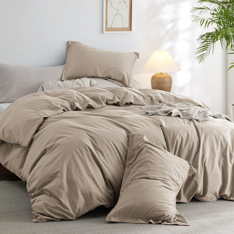 Ensemble d'édredon pré-lavé avec housse 100% coton, 143TC, Édredon grande + 2 pièces supplémentaires, Simplement taupe