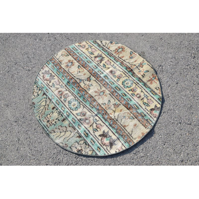 Tapis rond vintage turc Oushak: petit paillasson biologique antique avec un motif complexe