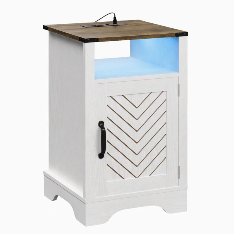 Table de chevet à DEL 16 po en chêne blanc et rustique avec station de charge, table de chevet moderne avec lumières RVB et rangement