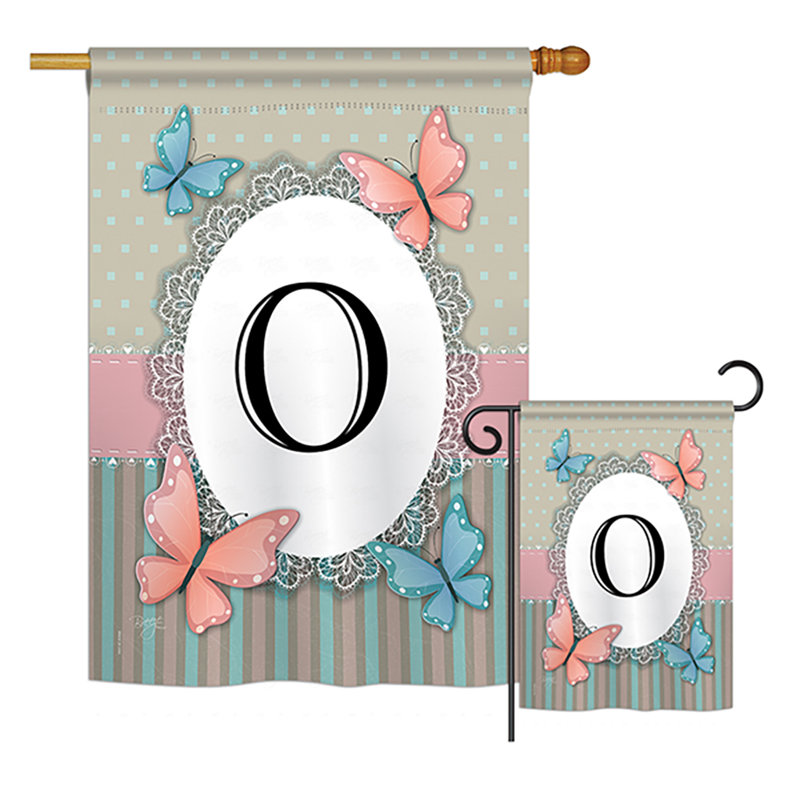 « papillons a initials », drapeau de jardin initial et grenouilles, ensemble de 2 côtés en polyester vertical décoratif, O