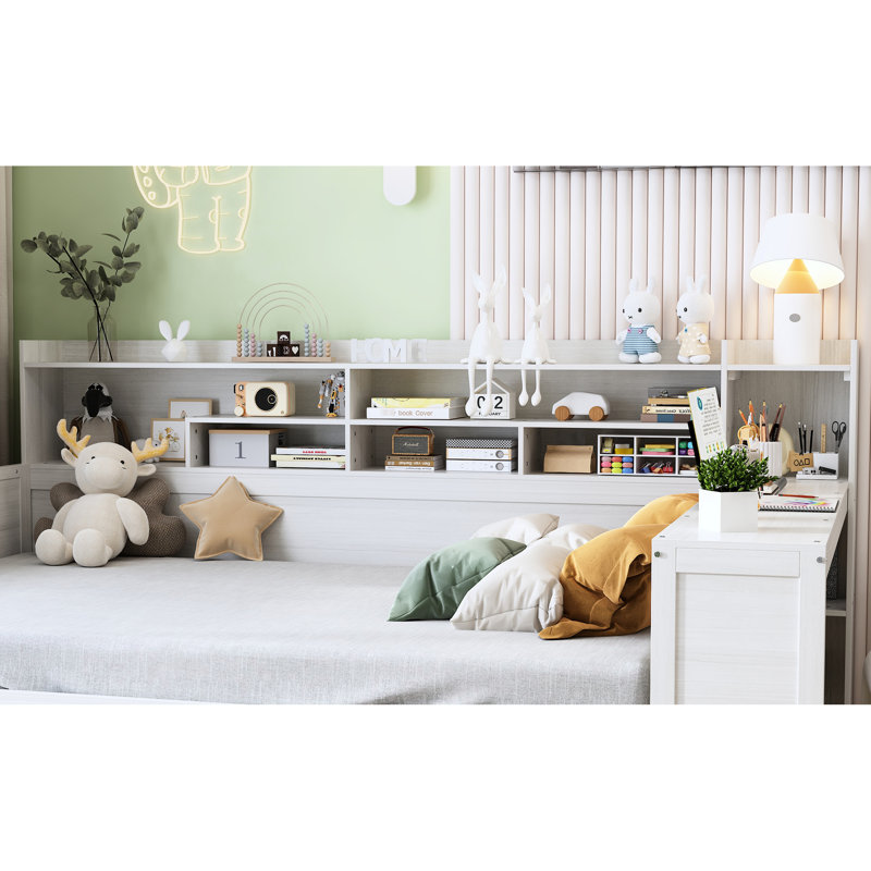 Lit de jour simple en bois avec rangement inférieur et bureau d'étude, attrait multicouche blanc antique, Blanc antique