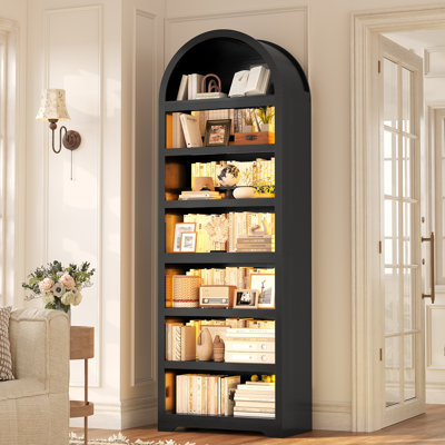 Armoire arquée de 79,4 po de hauteur, bibliothèque moderne à 7 niveaux avec éclairage à DEL et tablette réglable pour le salon, la cuisine et le bureau à domicile
