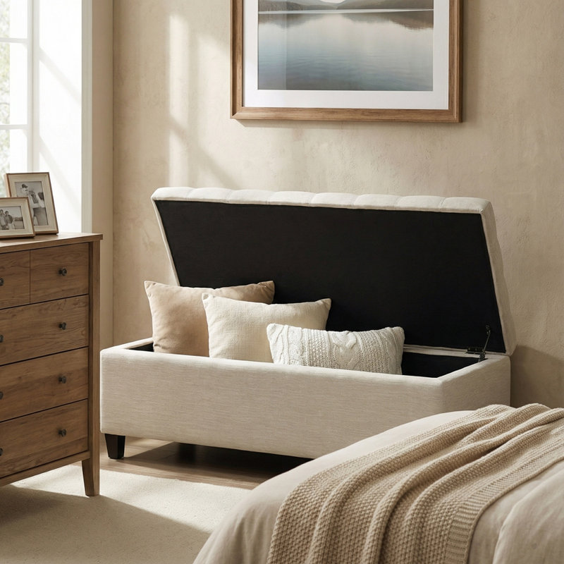 51.18-inch Upholstered Storage Ottoman Bench Entryway Bench Bedroom Bench, Beige