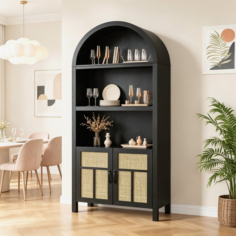 Buffet/meuble de rangement noir cintré de 178 cm de haut avec portes, style bohème, en rotin, avec étagères réglables. Meuble de rangement autoportant idéal pour la cuisine, le corridor, la salle à manger, le salon et le bureau.