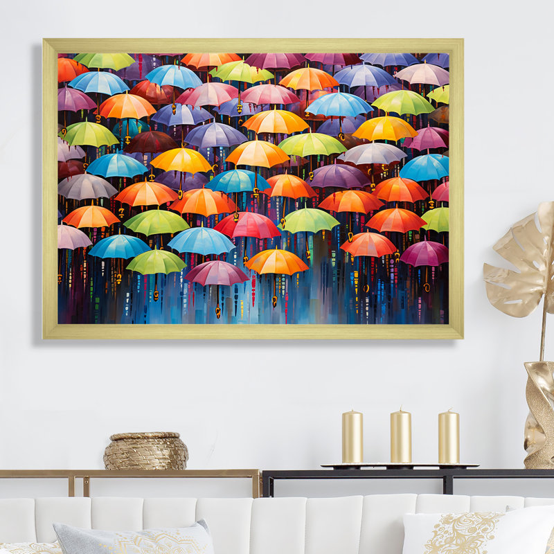 Ciel plein de parapluies colorés - décoration murale ciel, Cadre doré simple, H 12 po x l 20 po x P 1 po
