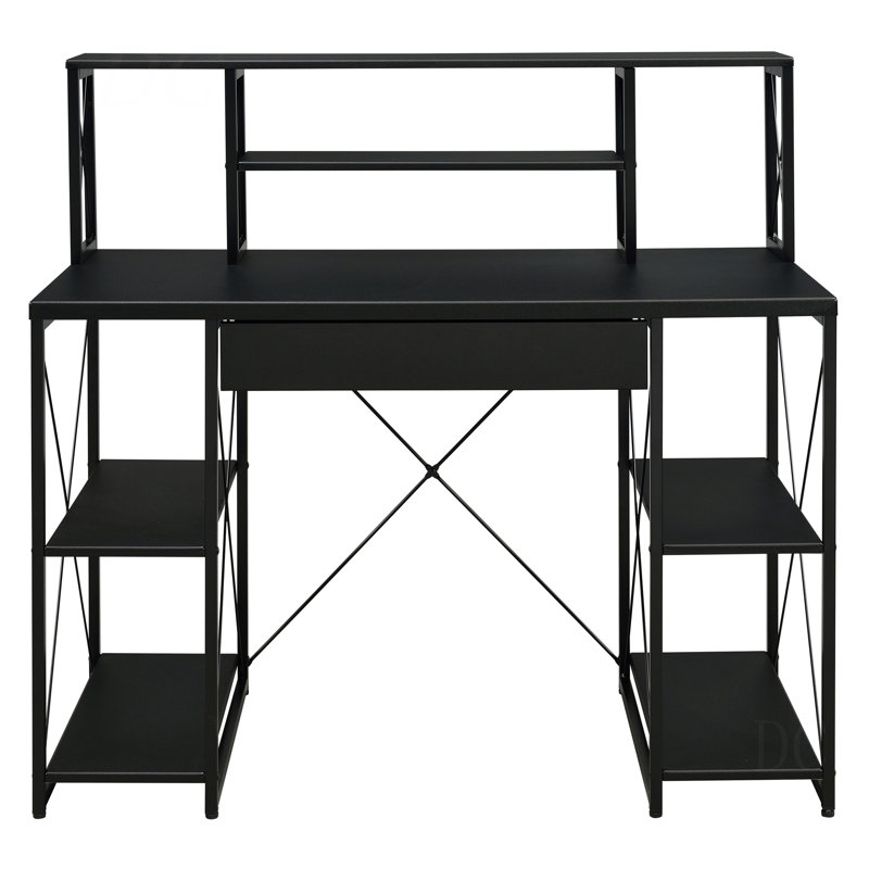 Bureau noir avec tablettes ouvertes et huche, Black