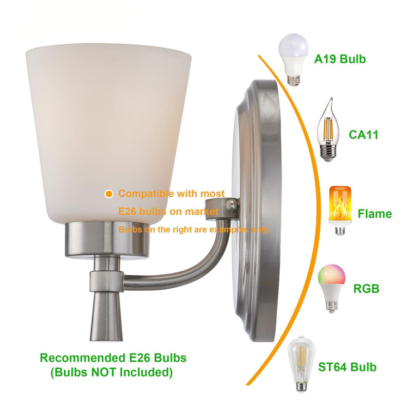 1-Light Wall Sconce, Bathroom Vanity Lighting Fixture, E26 Base 60W Max, Metal Housing With Glass, Nickel Finish, 1-Pack