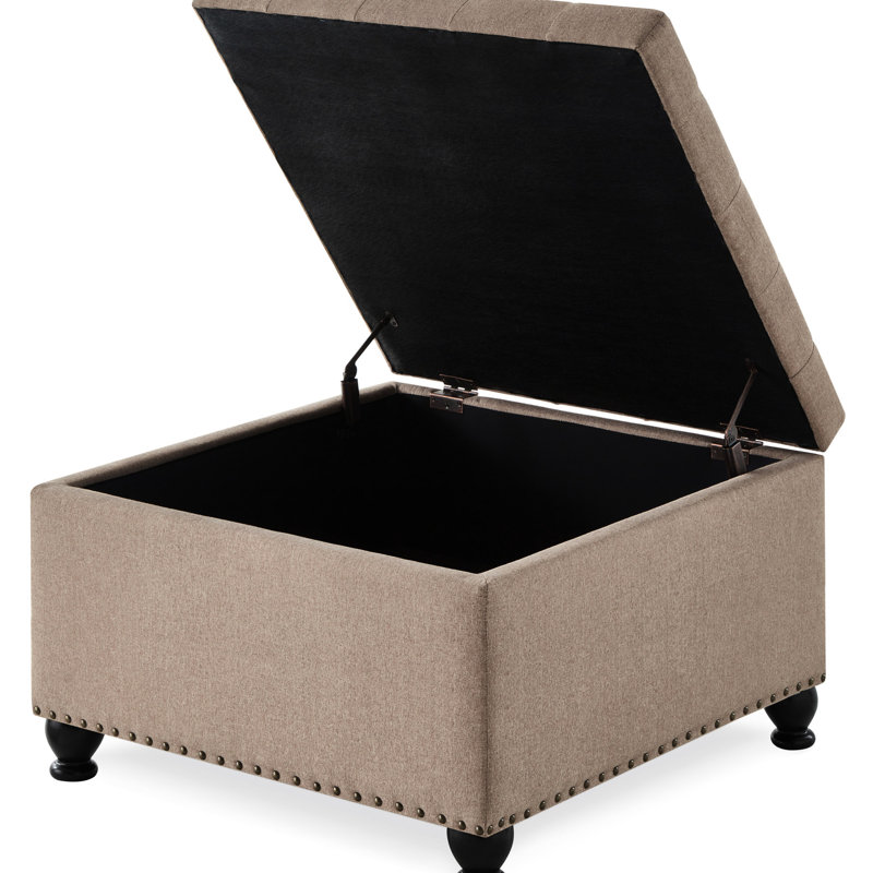 Black Linen Square With Solid Wood Legs And Storage Button Detailing, Linen