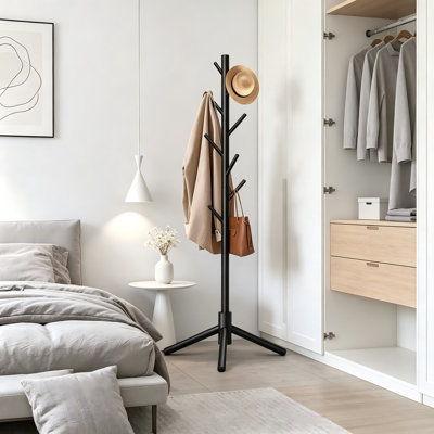 Black Solid Wood Vertical Coat Rack, Stable Triangular Base, Adjustable Multiple Hooks, Easy Assembly, Versatile Storage For Multiple Scenarios.