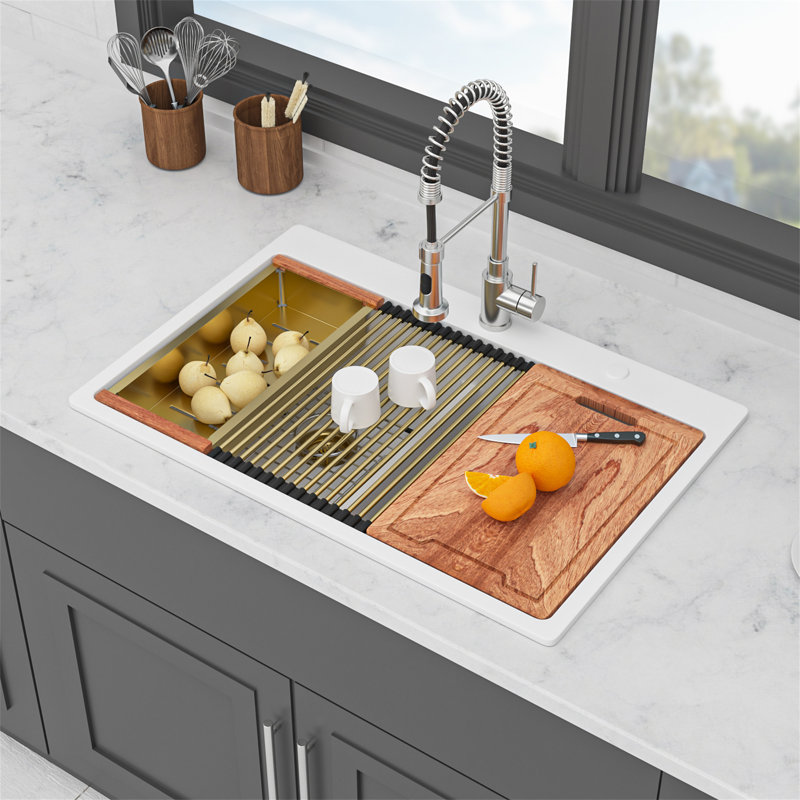 Quartz Kitchen Sink - 33" X 22" X 9.65" White Granite Composite Double Bowl  Workstation Topmount Drop-In Kitchen Sink, White