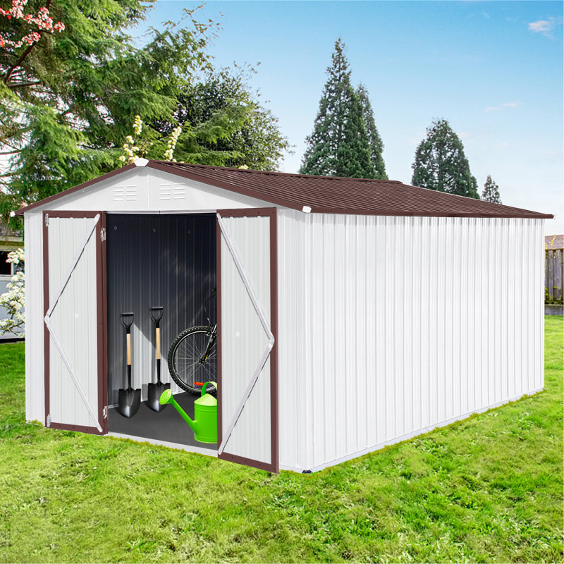 Metal Garden Sheds 10Ftx12ft Outdoor Storage Sheds, White/Walnut