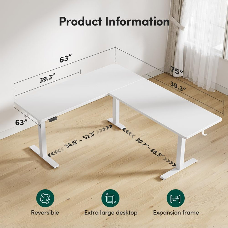 Bureau debout réglable en L 75 po, Blanc / blanc, H 28,3 po x l 75 po x P 63 po