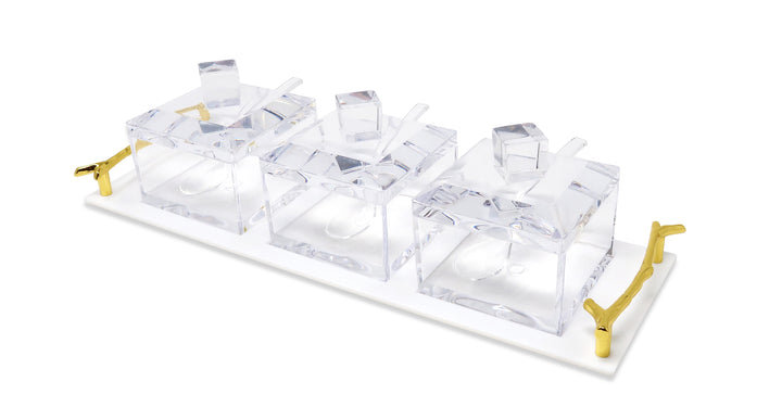 3 Bowl Acrylic Serving Dish on Tray with Covers and Spoons, Clear