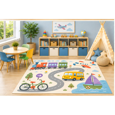 Tapis ultra-léger 152 x 213 cm (5' x 7') sur le thème des véhicules de transport, idéal pour l'apprentissage des trains, avions, autobus, vélos et bateaux, parfait pour les salles de classe, les garderies et les salles de jeux. Dos en silicone antidérapant, poils courts.