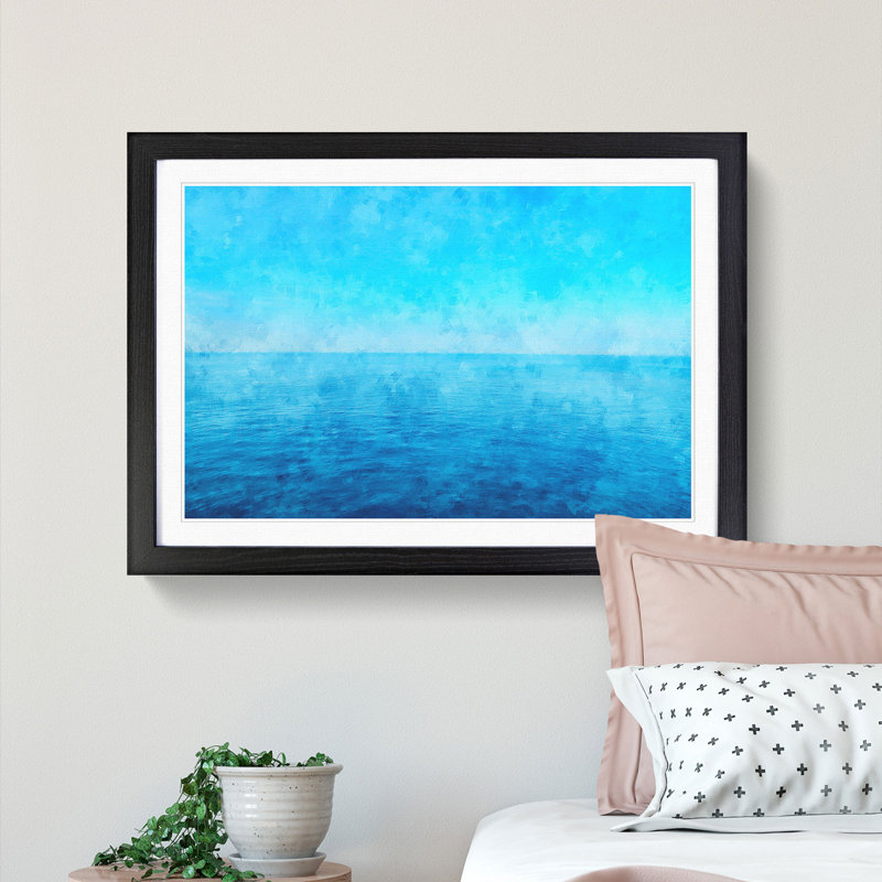 Blue Ocean Horizon Painting - Single Picture Frame Print on MDF, 33cm H x 45cm W x 2cm D, Black