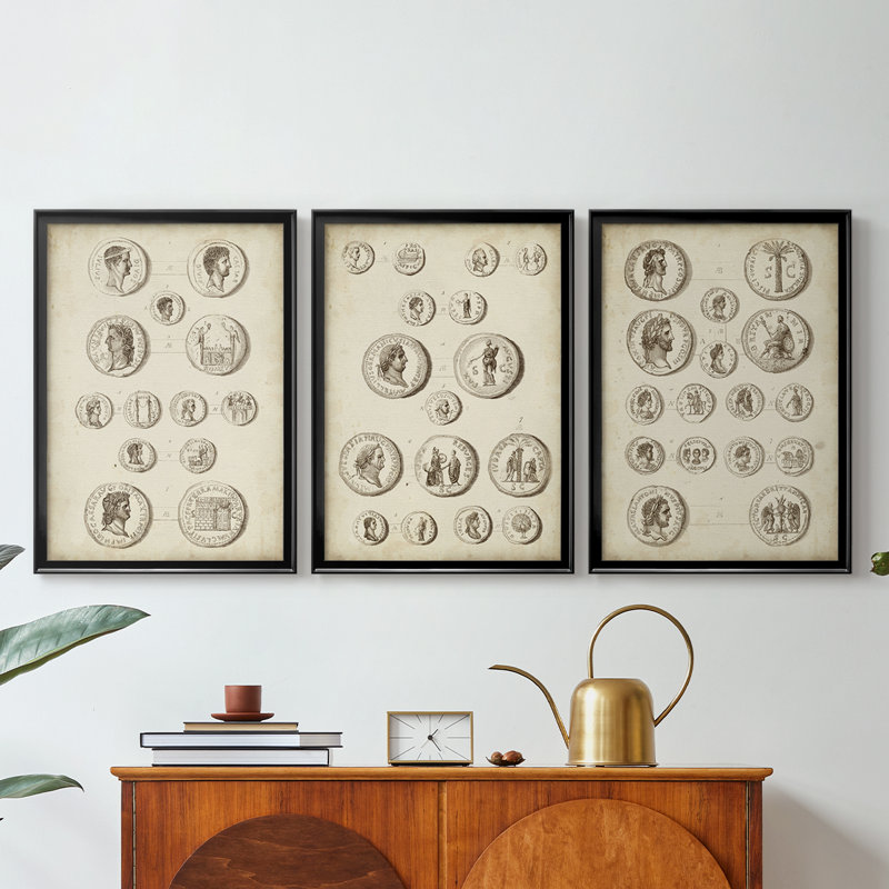 Antique Roman Coins I  -Custom Framed  Wrapped Gallery Canvas - 3 Pieces, Black