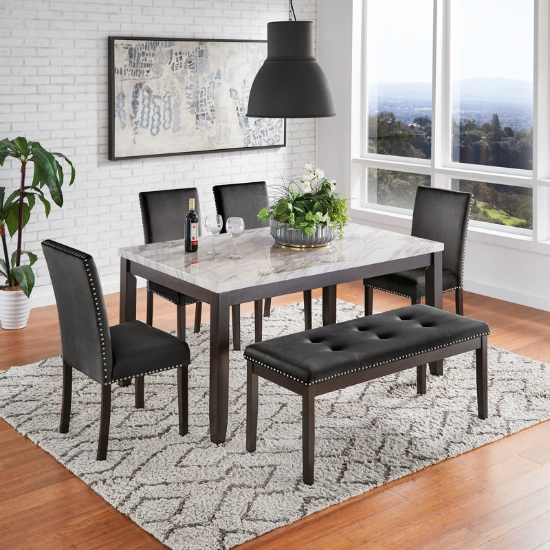 Banford 6 - Person Faux Marble Top Four Leg Dining Set, Black