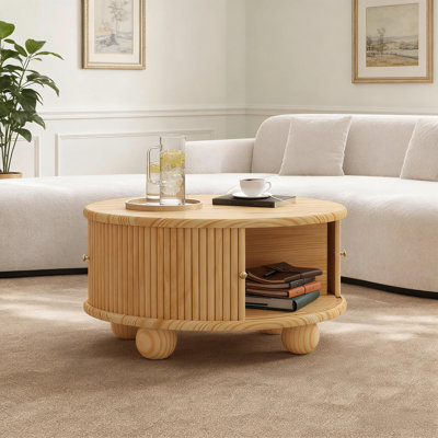 32" Fluted Round Pine Solid Wood Coffee Table with Sliding Door